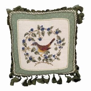 Cushion Bird In Blackberry Vine Wreath Design Petit NeedlePoint & Tassels